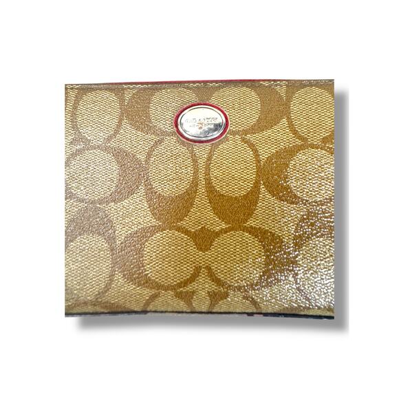 Coach Signature Zip Around Wallet Khaki Red Trim – Wear on Edges - Picture 8 of 9